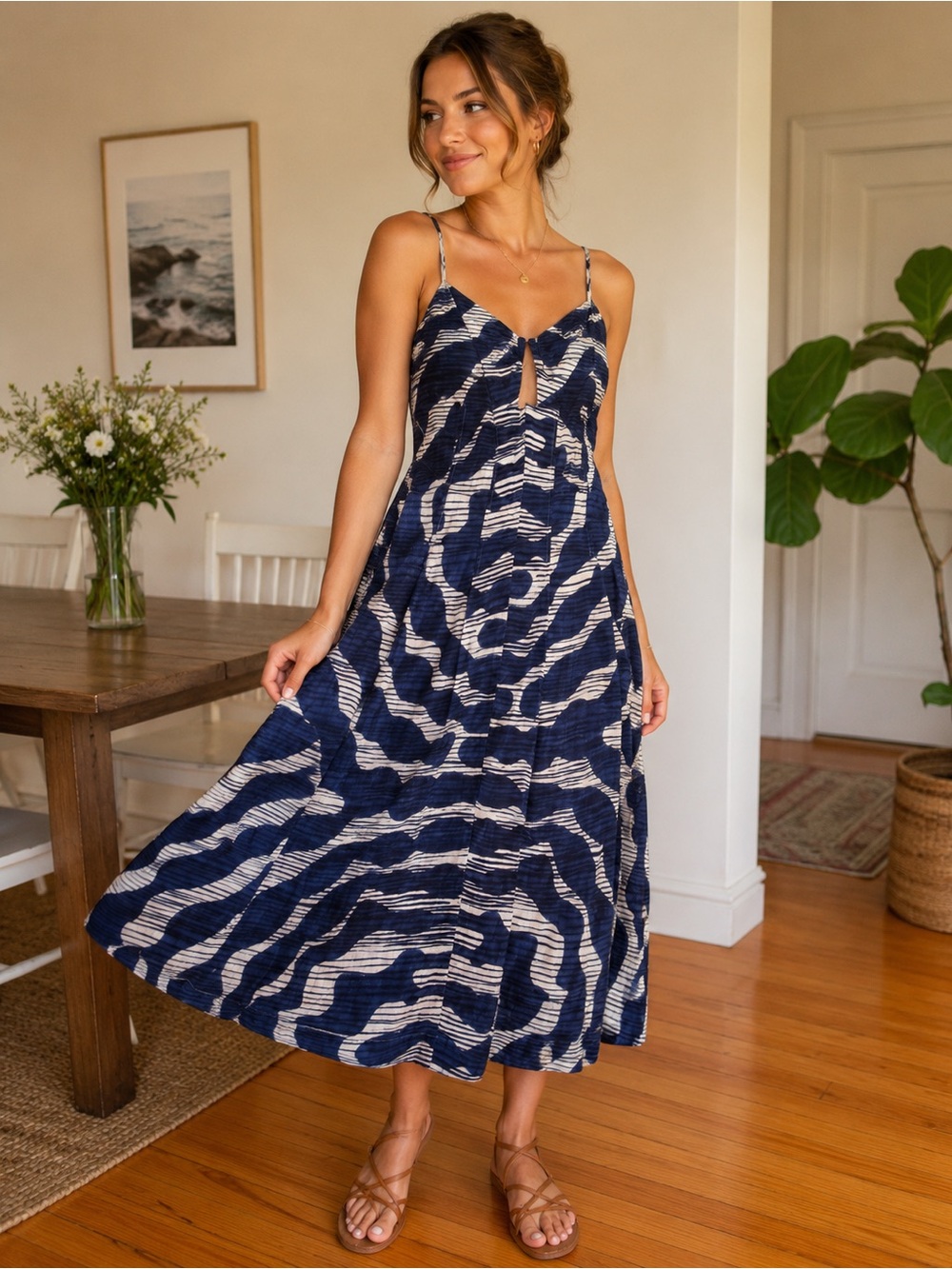 Banana Republic Navy and Cream Wave-Print Midi Dress